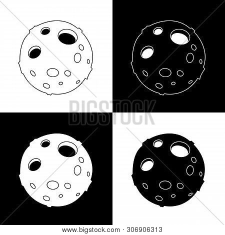 Cute Cartoon Flat Line Moon Icon Set. Funny Vector Black And White Moon Icon Set. Isolated Monochrom