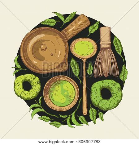 Matcha Vector Illustration With Food And Drink Sketch. Round Compositions. Japaneese Ethnic And Nati