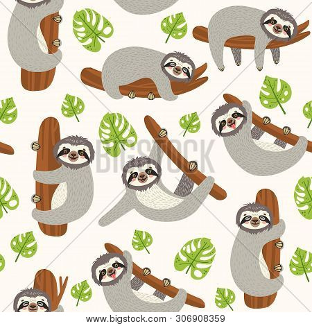 Seamless Background With Sloth On The Branch. Vector Illustration Of Leaves And Cute Bear On White .
