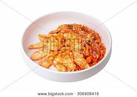 Fried Kimji With Skinless Chicken In Korean White Plate.
