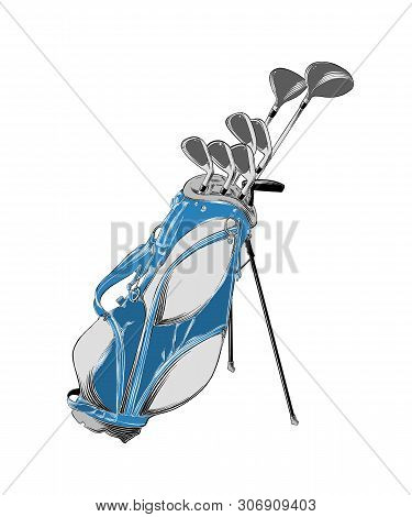 Vector Drawing Of Golf Bag In Color, Isolated On White Background. Graphic Illustration, Hand Drawin