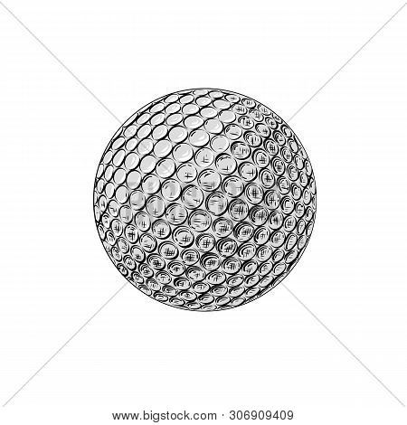Vector Drawing Of Golf Ball In Color, Isolated On White Background. Graphic Illustration, Hand Drawi