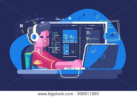 Web Developer Working On Laptop Vector Illustration