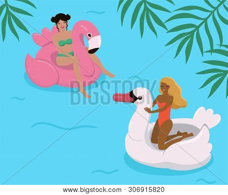 Girls In The Pool On Inflatable Flamingos And Swans. Vector Image.