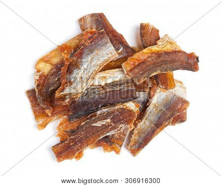 Pieces of cleaned dried fish isolated on white (Dry Peppered Pollack)