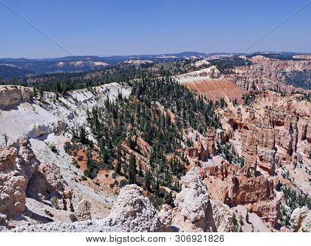 Wide View Of Layered Rock Formations With Pine And Spruce Trees Growing On The Clifflines At Bryce C