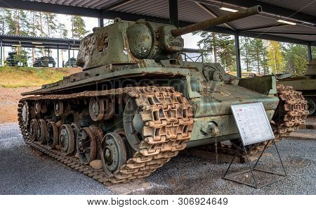 Parola, Finland - May 2, 2019: Tank Museum In The City Of Parola. Soviet Tank Kv-1. This Copy Was Ca