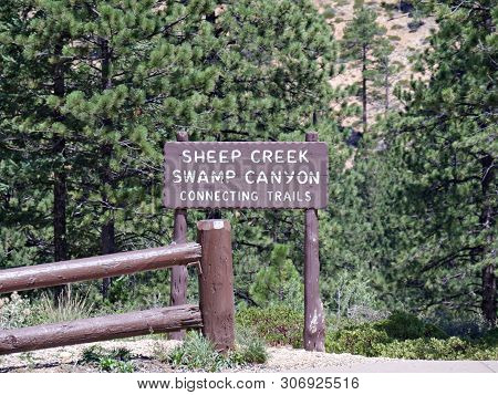 Concrete Sign At Sheep Creek Swamp Canyon At Bryce Canyon National Park In Utah, Usa.