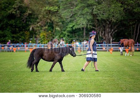 Mackay, Queensland, Australia - June 16th 2019: Woman In Blue Dress And Hat Leading A Pony To Be Jud
