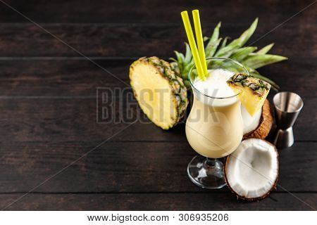 Pina Colada Cocktail on dark background