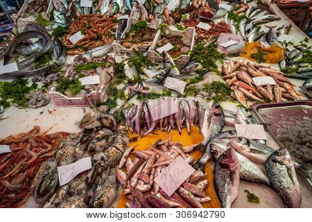 Seafood At La Pescheria Fish Market In Catania, Sicily, Italy