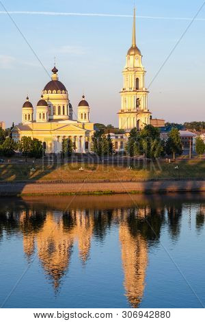 Rybinsk, Russia - June, 10, 2019: landscape with the image of Volga embankment in Rybinsk, Russia at sunrise