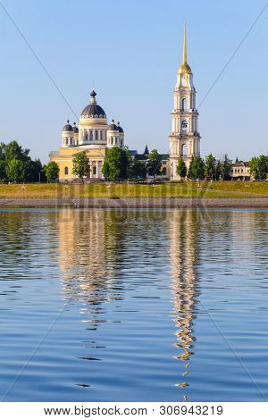 Rybinsk, Russia - June, 10, 2019: landscape with the image of Volga embankment in Rybinsk, Russia at sunrise