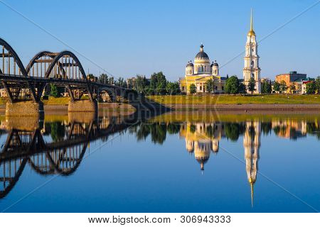 Rybinsk, Russia - June, 10, 2019: landscape with the image of Volga embankment in Rybinsk, Russia at sunrise