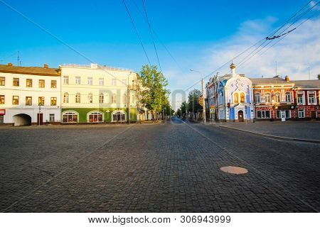 Rybinsk, Russia - June, 9, 2019: landscape with the image of old russian town Rybinsk