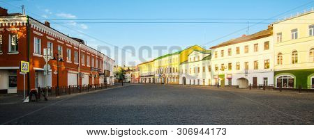 Rybinsk, Russia - June, 9, 2019: landscape with the image of old russian town Rybinsk