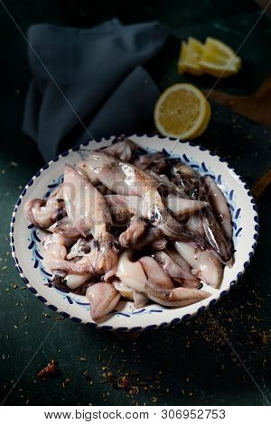 closeup some raw cuttlefishes in a white and blue ceramic bowl, on a dark green table, sprinkled with some spices