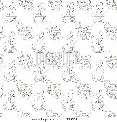 Teapot Cap Seamless Pattern Doodle Monochrome Design Element Stock Vector Illustration For Web, For 