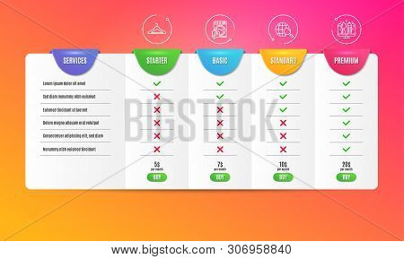 Web Search, Washing Machine And Cloakroom Icons Simple Set. Comparison Table. Creative Design Sign. 