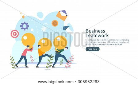Teamwork Business Brainstorming Idea Concept With Big Yellow Light Bulb Lamp, Tiny People Character.