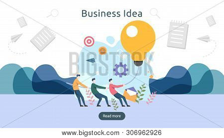 Teamwork Business Brainstorming Idea Concept With Big Yellow Light Bulb Lamp, Tiny People Character.