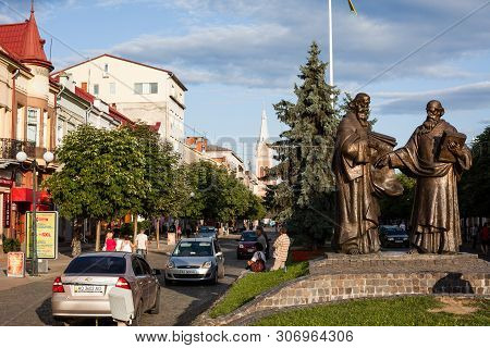 Mukacheve - Ukraine, July 26, 2009: Monument Of Saints Cyril And Methodius In Mukacheve, Transcarpat