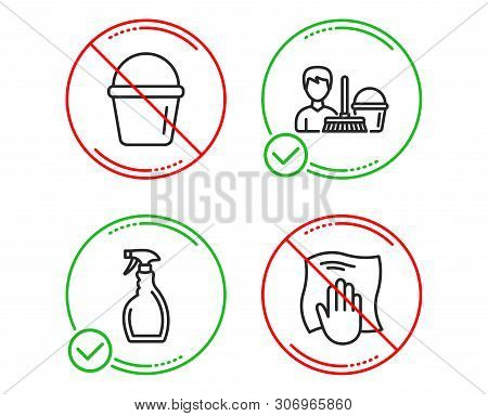 Do Or Stop. Spray, Cleaning Service And Bucket Icons Simple Set. Washing Cloth Sign. Washing Cleanse