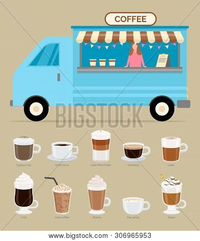 Coffee Business In Trailer Vector, Woman Selling Beverages Of Different Kinds, Cappuccino And Latte 