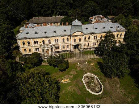 Skole, Ukraine - August 30 2018: Aerial View To Baron Groedl Neo Baroque Style Palace In Skole Early