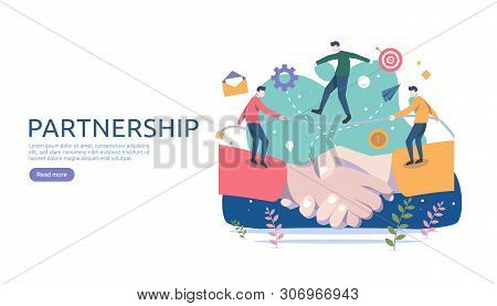 Business Partnership Relation Concept With Hand Shake And Tiny People Character. Team Working Togeth