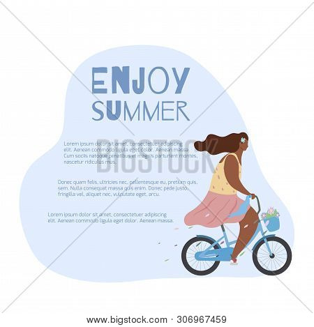 Card With Active Modern Romantic African Girl On Blue Bike With Flowers In Basket With Place For Tex