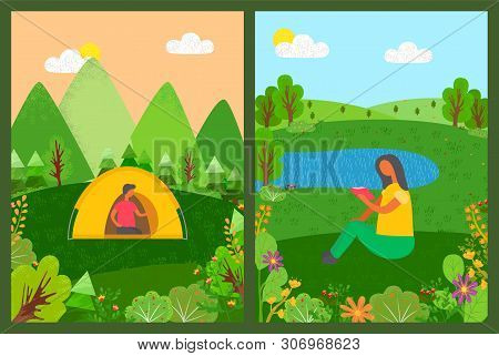 Lady Reading Book By Pond Vector, People Camping On Nature, Male Sitting In Tent, Camper In Forest W