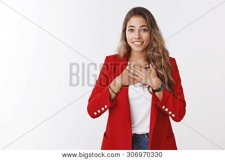 Very Grateful Young Cute Friendly-looking Charming Woman Holding Palms Breast Thankful Smiling Broad