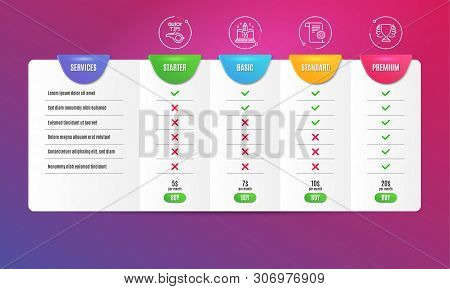 Start Business, Technical Documentation And Tutorials Icons Simple Set. Comparison Table. Winner Sig