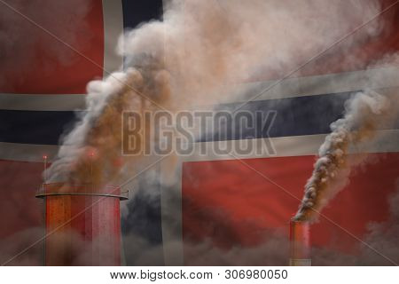 Dense Smoke Of Plant Chimneys On Norway Flag - Global Warming Concept, Background With Place For You