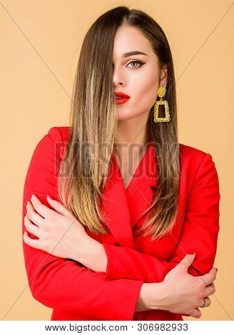 Fashionable Jewelry. Impeccable Makeup And Perfect Jewelry. Woman Wear Glamorous Earrings. Fashion T