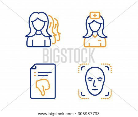 Thumb Down, Women Headhunting And Hospital Nurse Icons Simple Set. Face Detection Sign. Decline File