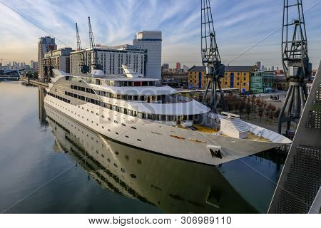 Royal Victoria Dock, London, Uk - February 14, 2018: Sunborn Yacht Hotel Moored Beside The Dock With