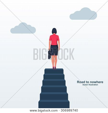 Road To Nowhere Landing Page. Businesswoman Is Standing At The Top Of The Stairs. Vector Illustratio