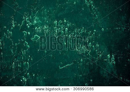 Vintage Green Background. Rough Painted Wall Of Emerald Color. Imperfect Plane Of Virid Colored. Une