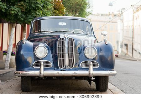Blue Retro Vintage Car, Bmv Auto In European Street, Summer Day, June 2019, Moscow