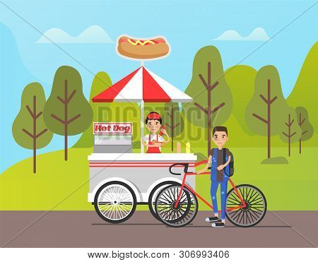 Person Working At Hot Dog Shop Vector, Street Food Selling In Park. Bicyclist Buying Meal, Service F