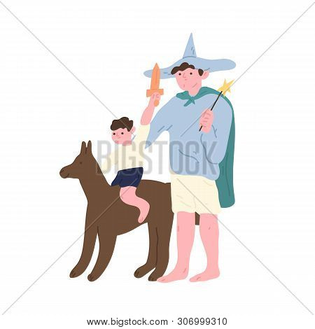 Cute Funny Dad And Son Wearing Costumes Of Fairytale Characters And Playing. Adorable Father And Chi