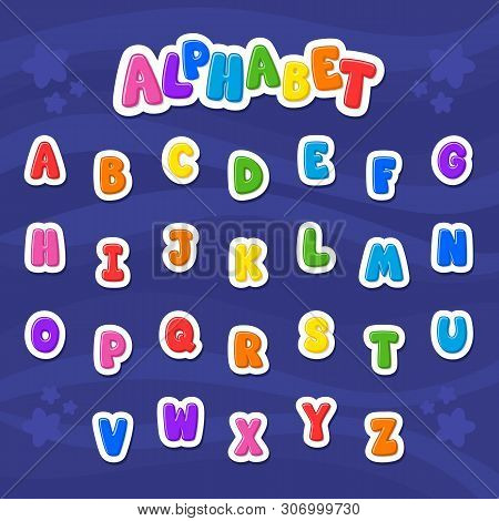 Cartoon Vector Alphabet. Large Letter. Font. Blue Background