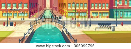 Modern City Empty Street Cartoon Vector Background With Two Line Road Over River Arch Bridge, Bench 