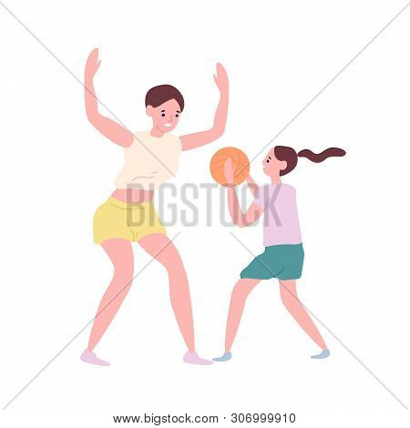 Happy Mother And Daughter Playing Basketball. Funny Mom And Little Girl Spending Time At Game Traini