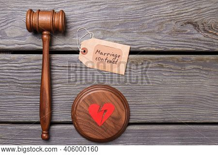 Marriage Contract Break Up Concept. Wooden Gavel With Broken Heart On Wooden Desk.