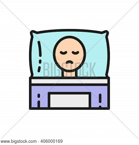 Cancer Patient In Bed, Oncology Flat Color Line Icon.