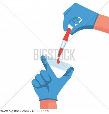 Doctor Holding In Hand Test Blood On Glass Slide. Laboratory Analysis Blood. Template Medical Landin