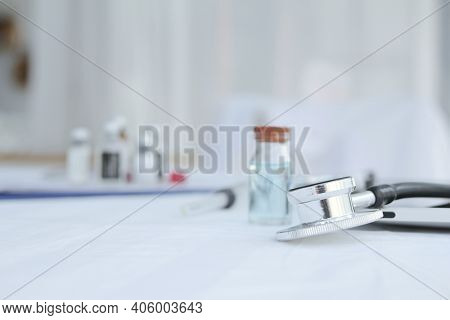 Close Up Of Medical Stethoscope,copy Space,white Office Of The Hospital, Healthcare Concept